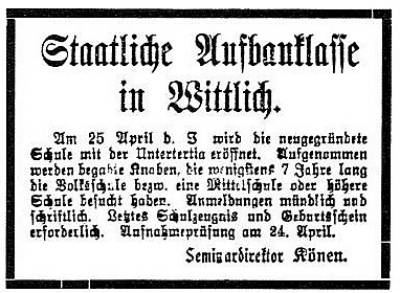 Anzeige im Wittlicher Tageblatt von März 1922 Aufbauschule WTB 29031922 400