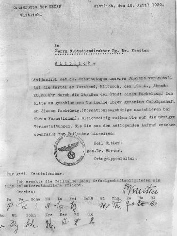 Aufruf in den Schulen Führergeburtstag Archiv Cusanuns Gymnasium 365